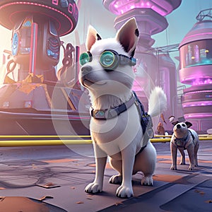 An AI illustration of a dog with goggles and a leash standing on top of a building