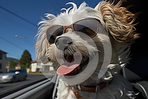 AI illustration of a dog wearing sunglasses and standing out of the window of a car.