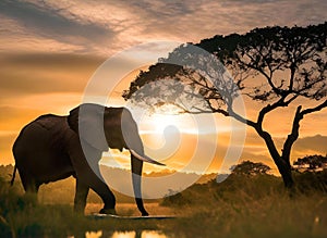 AI illustration of an elephant strolling through water during sunrise or sunset