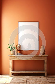 An AI illustration of an empty picture frame above an orange wall next to a wooden table