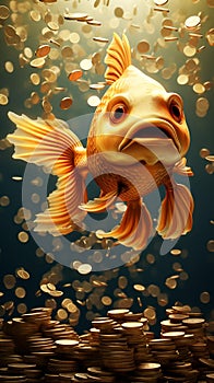 AI illustration of fish swimming in a tank filled with a colorful array of coins