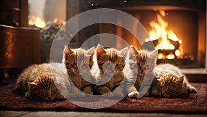 An AI illustration of four cats laying on a red rug in front of a fire place