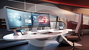 An AI illustration of a futuristic office with three monitors and a monitor desk with two monitors o