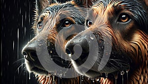 AI illustration of German Shepherd dogs appear close-up, their fur wet with raindrops