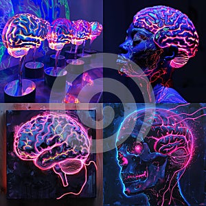 AI illustration of glowing neon brains