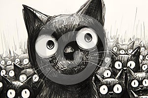 AI illustration of group of cats with large eyes staring directly at the camera