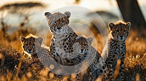 AI illustration of a group of cheetahs gathered together in the tall grass of a savannah.
