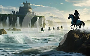 AI illustration of a group of equestrians galloping on horseback around a large tranquil lake.
