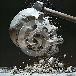 AI illustration of a hammer smashing a skull, causing it to shatter into pieces.