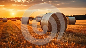 An AI illustration of hay bales at sunset on a farm field photo by david smith