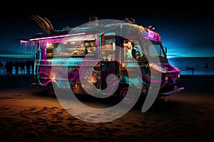 AI illustration of An illuminated food truck parked on a beach under a night sky.