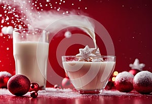 An AI illustration of an image of christmas drink being served in a glass with red ornament decorati