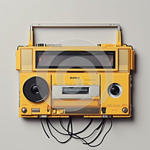 AI illustration of an image of a yellow stereo recorder with cables and cords draped over it