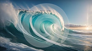 AI illustration of an immense curling wave rolling onto the shore.