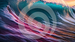 AI illustration of an immense curling wave rolling onto the shore.