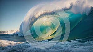 AI illustration of an immense curling wave rolling onto the shore.