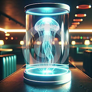 AI illustration of a jellyfish swimming in a glass jar on a wooden table