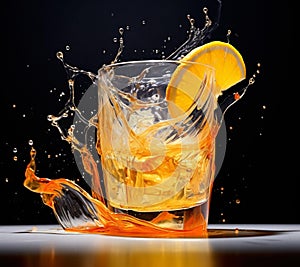 AI illustration of A juicy orange slice slowly submerging in a tall glass of clear, ice-cold water