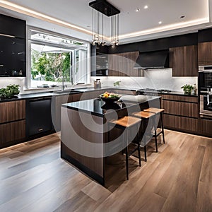 An AI illustration of a kitchen with lots of dark wooden cabinets and counters and a white marble co