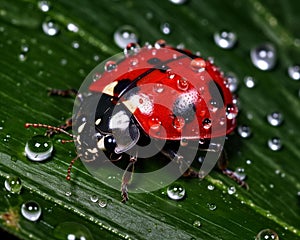 AI illustration of a ladybug perched on a green leaf, illuminated by rain droplets