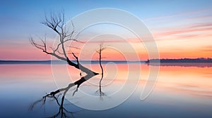 AI illustration of a lone barren tree in a lake at sunset.