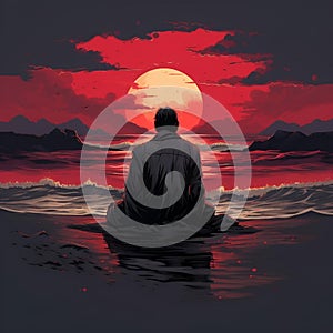 AI illustration of a lone man on a beach silhouetted against a vibrant red sunset sky.