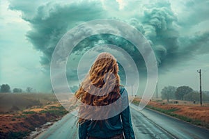 AI illustration of a lonely girl standing on a country road looking at a large storm cloud.