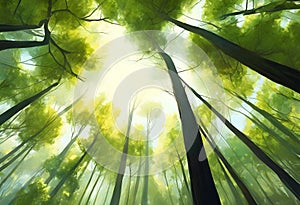 AI illustration of lush forest canopy view from ground level.