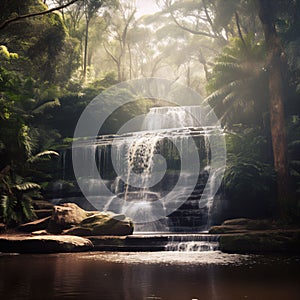 AI illustration of A lush, verdant jungle with a majestic waterfall, cascading down rocks