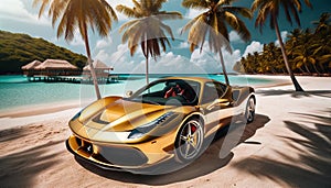 AI illustration of a luxurious golden supercar parked on a beautiful beach surrounded by palm trees