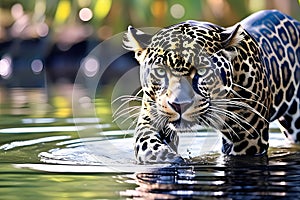 AI illustration of a majestic jaguar sauntering through a tranquil body of water in a zoo setting photo