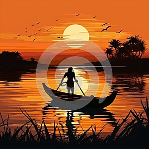 AI illustration of a man in a small boat rowing down a river against a bright sunset