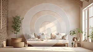 AI illustration of a modern living area with a white sofa and a large window