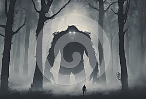 An AI illustration of the monster standing in the middle of a forest in dark fog