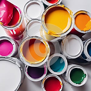 An AI illustration of multiple paint cans full of multi colored paint and one has paintbrush