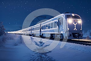 AI illustration of a night train traveling down the tracks in a snowy landscape.