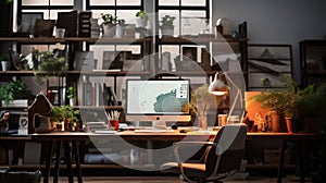 An AI illustration of an office with a computer monitor sitting on top of a desk