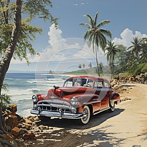 An AI illustration of an old american car on the beach with palm trees in the background