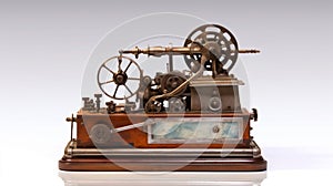 An AI illustration of an old timey model of an engine on display by someone