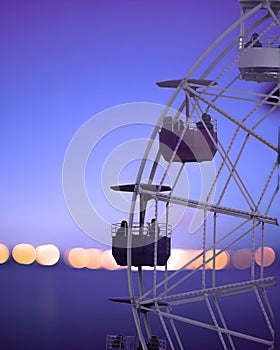 An AI illustration of an open ferris wheel next to the ocean at night with lights on