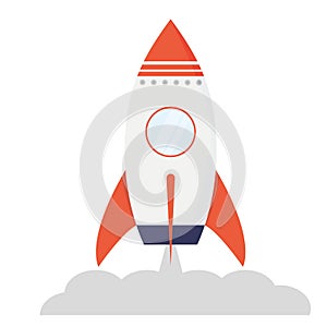 AI illustration of An orange and white colored rocket ship on a white background.