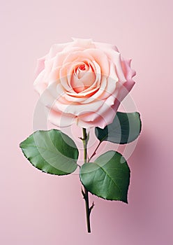 An AI illustration of a pink flower with green leaves on a pink background as a symbol of love,