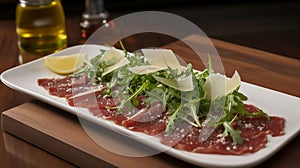 An AI illustration of a plate with slices of raw meat on it and lemon