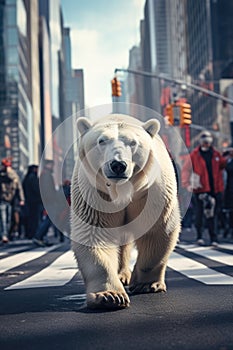 An AI illustration of a polar bear is walking across the street near other people