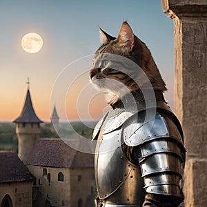 AI illustration of a puss in shining armor atop a large building against a backdrop of a full moon