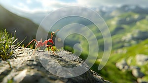 AI illustration of red ants on a rocky ledge above a lush valley