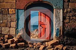 An AI illustration of a red door open and a stone wall next to the water