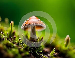 An AI illustration of a red mushroom sitting on top of a lush green field
