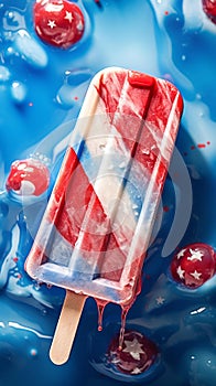 An AI illustration of red, white and blue popsicles with jelly and cherries in a bowl