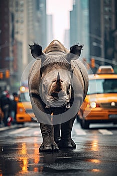 An AI illustration of a rhino walks on a city street surrounded by cars and taxis